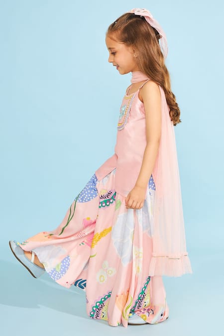 Joey & Pooh_Peach Cotton, Chanderi, Modal, Satin, Viscose Floral Tunic Sharara Set _at_Aza_Fashions