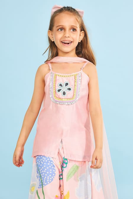 Buy_Joey & Pooh_Peach Cotton, Chanderi, Modal, Satin, Viscose Floral Tunic Sharara Set 