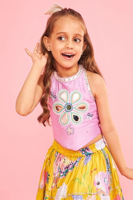 Joey & Pooh_Yellow Cotton, Chanderi, Net Tassels, Embroidery And Lavender Tiered Lehenga Set _Online_at_Aza_Fashions