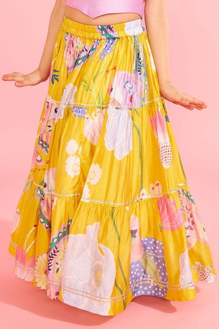 Buy_Joey & Pooh_Yellow Cotton, Chanderi, Net Tassels, Embroidery And Lavender Tiered Lehenga Set _Online_at_Aza_Fashions