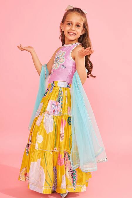 Shop_Joey & Pooh_Yellow Cotton, Chanderi, Net Tassels, Embroidery And Lavender Tiered Lehenga Set _Online_at_Aza_Fashions