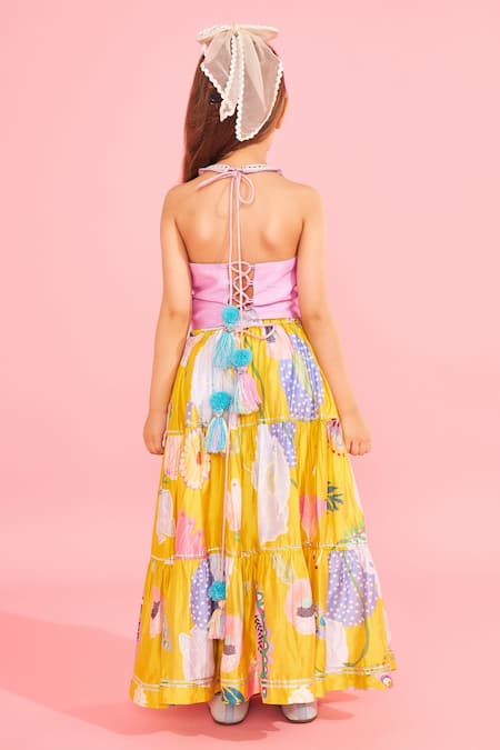 Joey & Pooh Yellow & Lavender Tiered Lehenga Set 