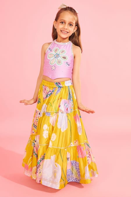 Joey And Pooh Yellow & Lavender Tiered Lehenga Set 