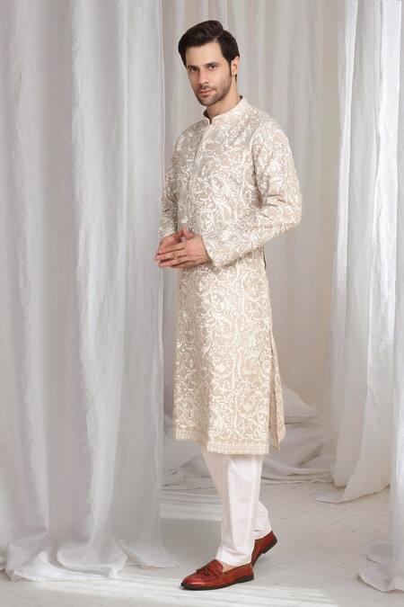 Aham-Vayam_Beige Cotton Embroidery Flora Thread Kurta _Online_at_Aza_Fashions