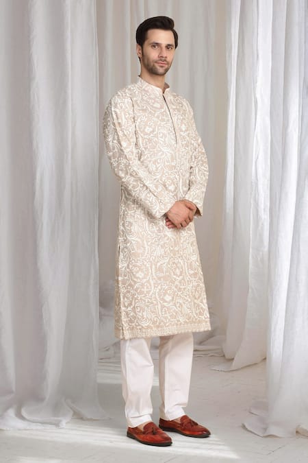 Buy_Aham-Vayam_Beige Cotton Embroidery Flora Thread Kurta _Online_at_Aza_Fashions