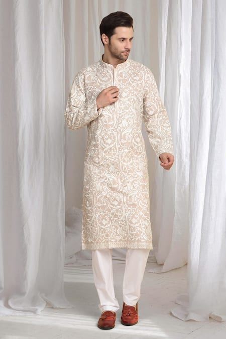 Shop_Aham-Vayam_Beige Cotton Embroidery Flora Thread Kurta _Online_at_Aza_Fashions