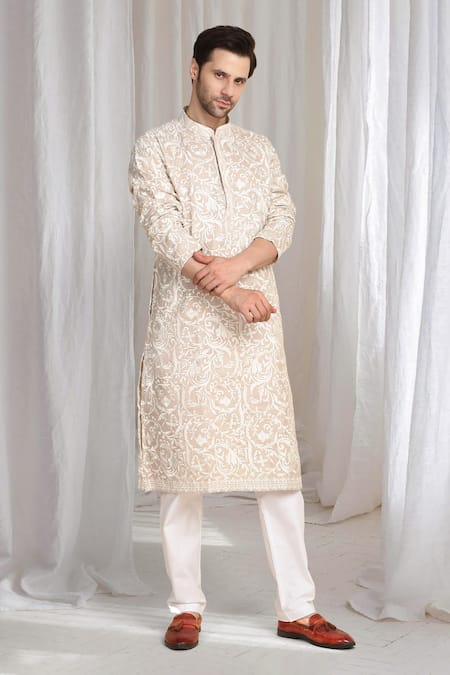 Aham-Vayam_Beige Cotton Embroidery Flora Thread Kurta _at_Aza_Fashions