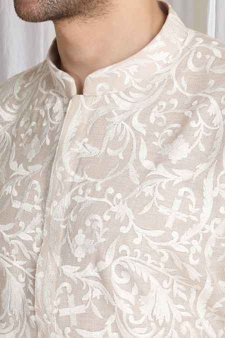 Buy_Aham-Vayam_Beige Cotton Embroidery Flora Thread Kurta 