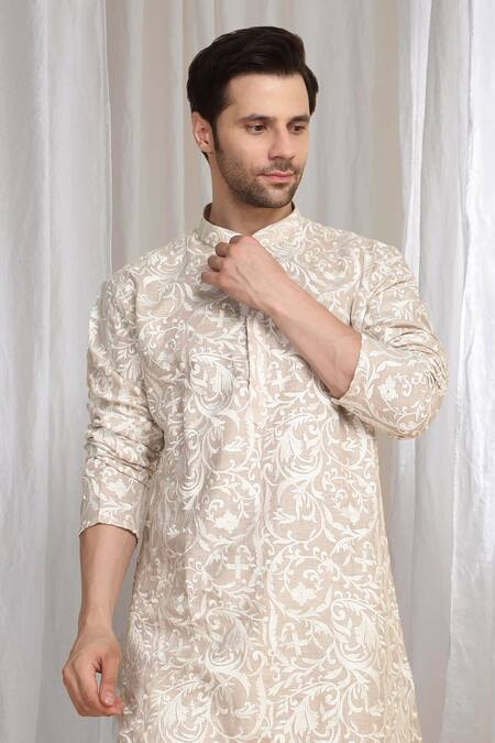 Shop_Aham-Vayam_Beige Cotton Embroidery Flora Thread Kurta 