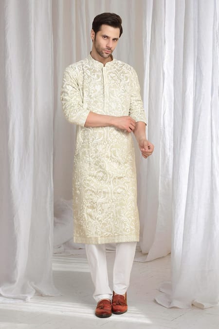 Shop_Aham-Vayam_Cream Cotton Embroidery Flora Thread Kurta _Online_at_Aza_Fashions