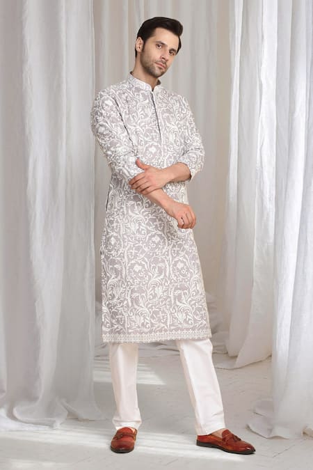 Buy_Aham-Vayam_Purple Cotton Embroidery Floral Thread Kurta _Online_at_Aza_Fashions