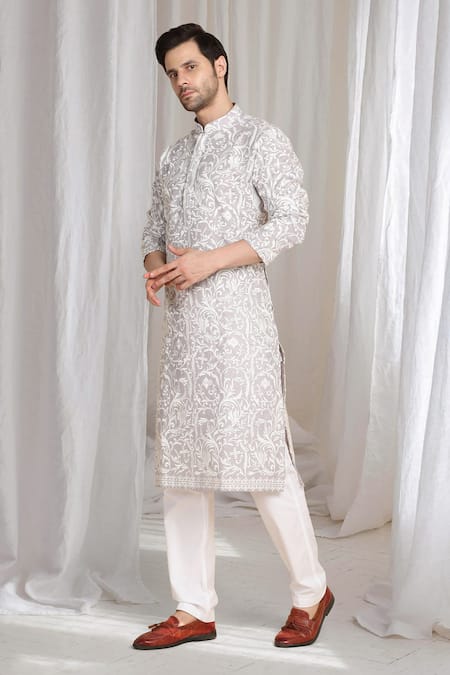 Shop_Aham-Vayam_Purple Cotton Embroidery Floral Thread Kurta _Online_at_Aza_Fashions