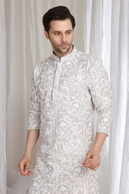 Shop_Aham-Vayam_Purple Cotton Embroidery Floral Thread Kurta 