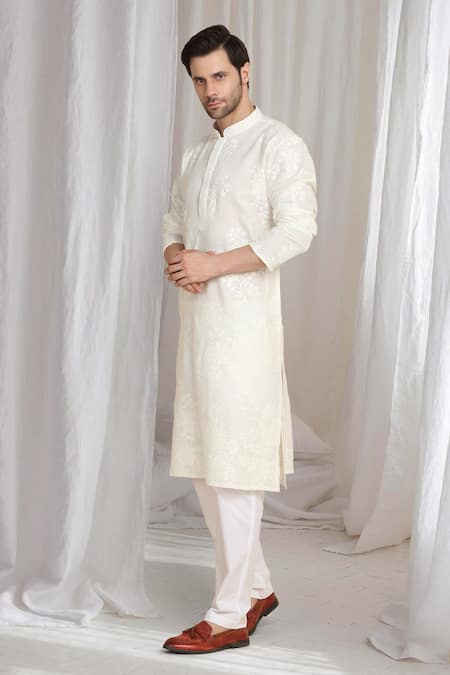 Aham-Vayam_White Cotton Embroidery Thread Kurta _at_Aza_Fashions