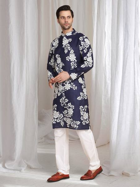 Buy_Aham-Vayam_Blue Cotton, Linen Embroidery Thread Kurta _Online_at_Aza_Fashions