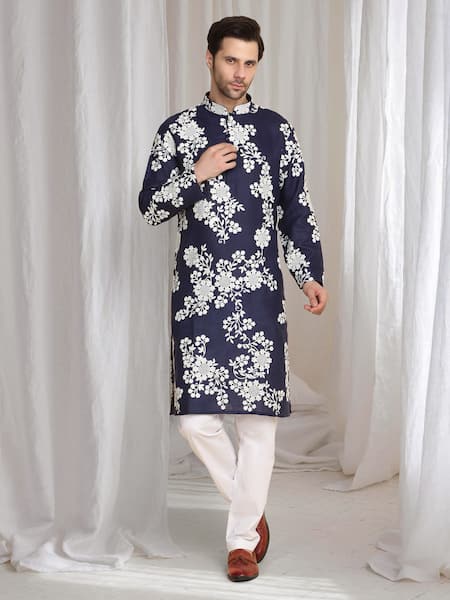 Aham-Vayam Blue Cotton, Linen Embroidery Thread Kurta