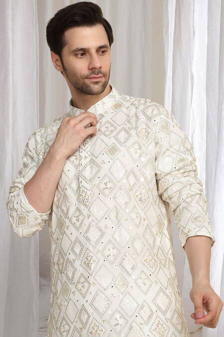 Aham-Vayam_Beige Cotton Embroidery, Sequins Shiny Kurta _Online_at_Aza_Fashions