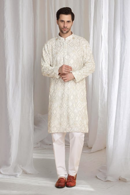 Buy_Aham-Vayam_Beige Cotton Embroidery, Sequins Shiny Kurta _Online_at_Aza_Fashions