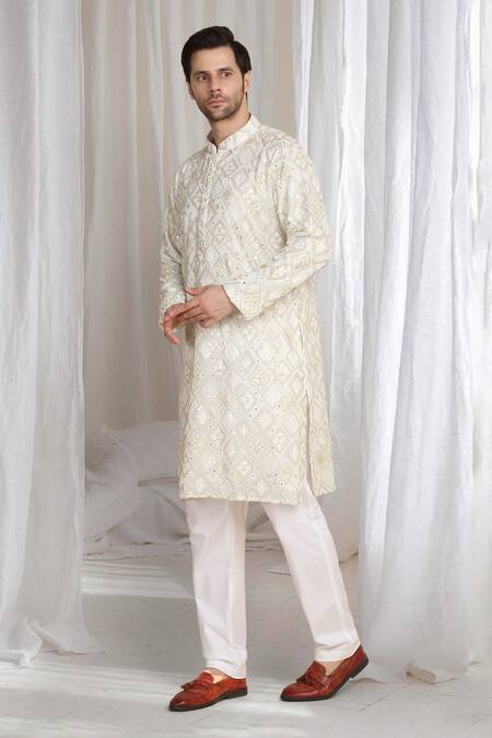 Shop_Aham-Vayam_Beige Cotton Embroidery, Sequins Shiny Kurta _Online_at_Aza_Fashions