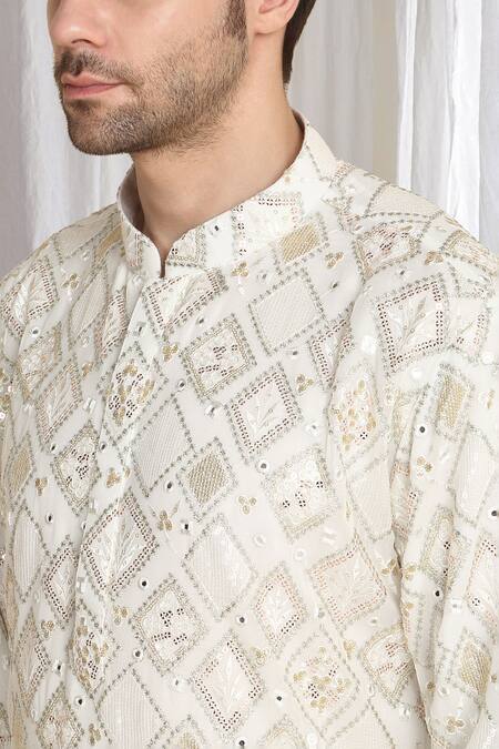 Aham-Vayam_Beige Cotton Embroidery, Sequins Shiny Kurta _at_Aza_Fashions