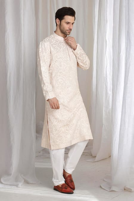 Buy_Aham-Vayam_Pink Cotton Embroidery Flora Thread Kurta _Online_at_Aza_Fashions