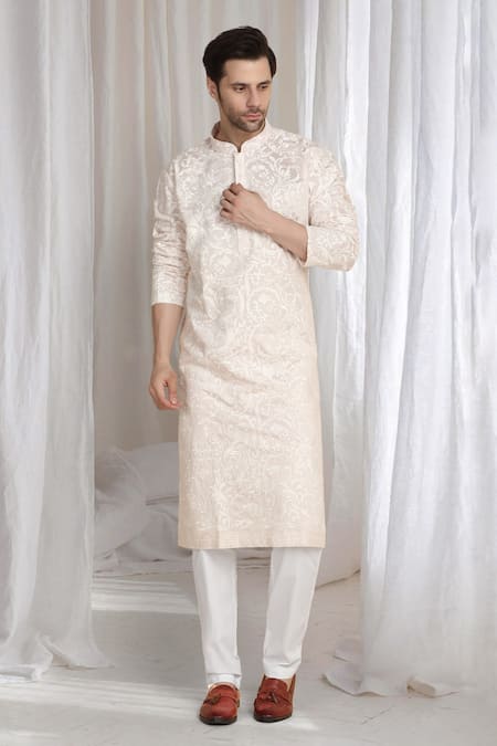 Shop_Aham-Vayam_Pink Cotton Embroidery Flora Thread Kurta _Online_at_Aza_Fashions