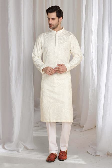Aham-Vayam_Beige Cotton Embroidery Flora Thread Kurta _Online_at_Aza_Fashions