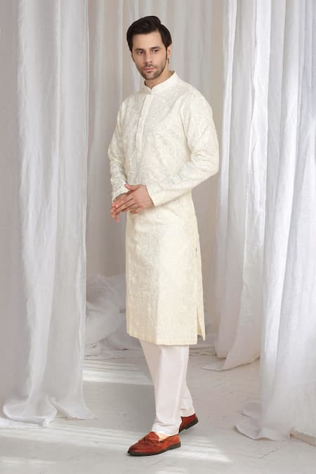 Buy_Aham-Vayam_Beige Cotton Embroidery Flora Thread Kurta _Online_at_Aza_Fashions