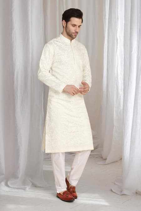 Shop_Aham-Vayam_Beige Cotton Embroidery Flora Thread Kurta _Online_at_Aza_Fashions