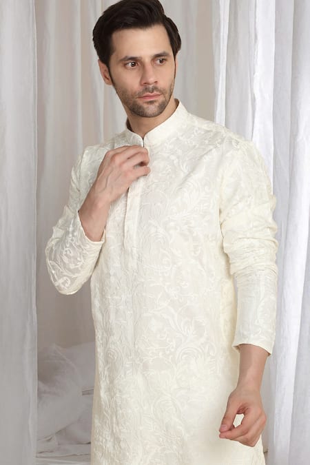 Aham-Vayam_Beige Cotton Embroidery Flora Thread Kurta _at_Aza_Fashions
