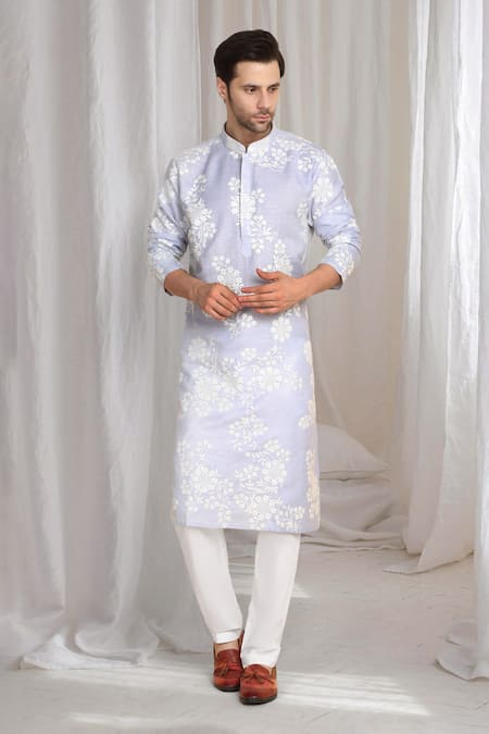 Aham-Vayam_Purple Cotton, Linen Embroidery Thread Kurta _Online_at_Aza_Fashions