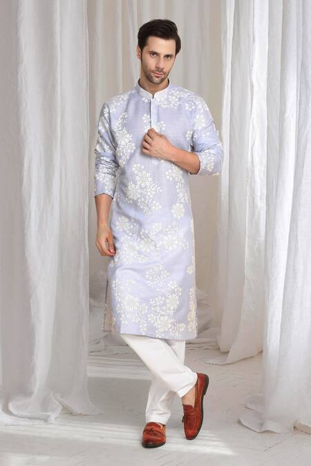 Buy_Aham-Vayam_Purple Cotton, Linen Embroidery Thread Kurta _Online_at_Aza_Fashions