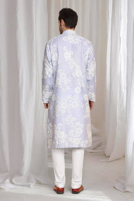 Shop_Aham-Vayam_Purple Cotton, Linen Embroidery Thread Kurta _at_Aza_Fashions