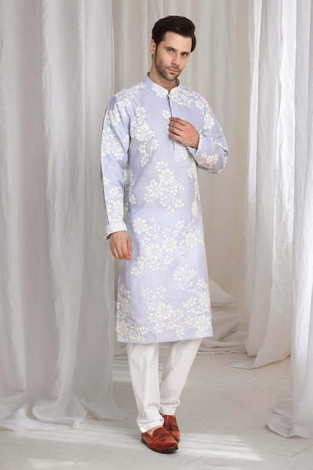 Shop_Aham-Vayam_Purple Cotton, Linen Embroidery Thread Kurta _Online_at_Aza_Fashions