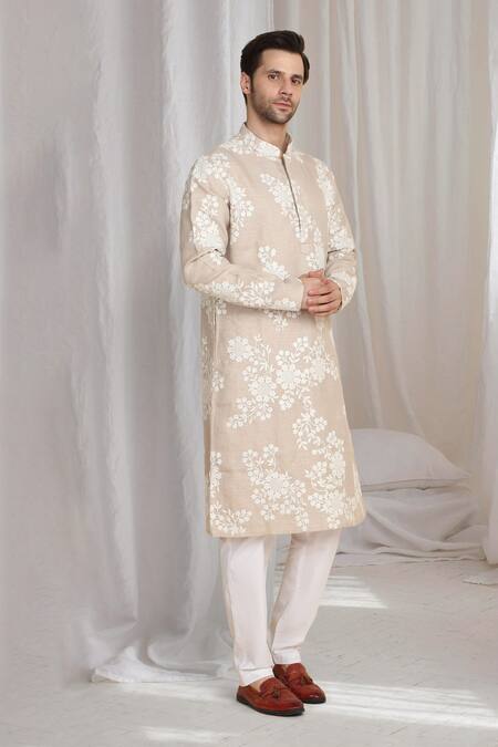 Aham-Vayam Beige Cotton, Linen Embroidery Thread Kurta Online at Aza Fashions Aham-Vayam_Beige Cotton, Linen Embroidery Thread Kurta _Online_at_Aza_Fashions