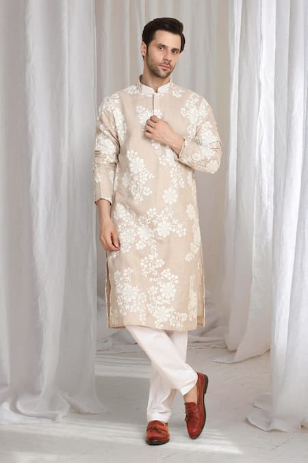 Shop Aham-Vayam Beige Cotton, Linen Embroidery Thread Kurta Online at Aza Fashions Shop_Aham-Vayam_Beige Cotton, Linen Embroidery Thread Kurta _Online_at_Aza_Fashions