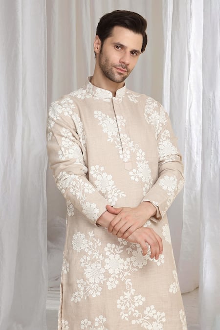 Aham-Vayam Beige Cotton, Linen Embroidery Thread Kurta at Aza Fashions Aham-Vayam_Beige Cotton, Linen Embroidery Thread Kurta _at_Aza_Fashions