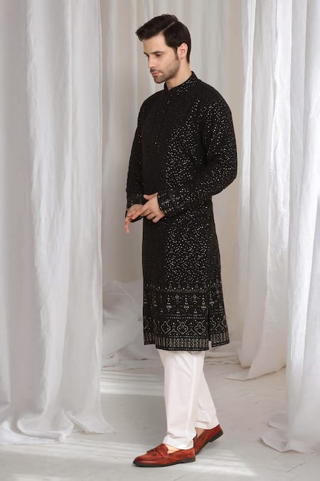 Aham-Vayam_Black Cotton Sequins Mehfil Embroidered Kurta _Online_at_Aza_Fashions