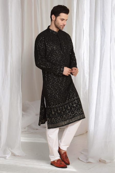 Buy_Aham-Vayam_Black Cotton Sequins Mehfil Embroidered Kurta _Online_at_Aza_Fashions