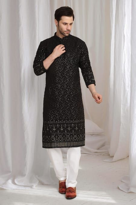 Shop_Aham-Vayam_Black Cotton Sequins Mehfil Embroidered Kurta _Online_at_Aza_Fashions