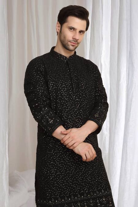 Aham-Vayam_Black Cotton Sequins Mehfil Embroidered Kurta _at_Aza_Fashions