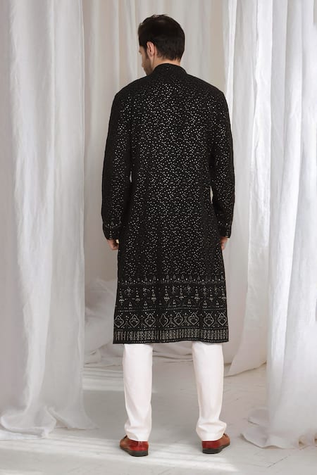 Shop_Aham-Vayam_Black Cotton Sequins Mehfil Embroidered Kurta _at_Aza_Fashions