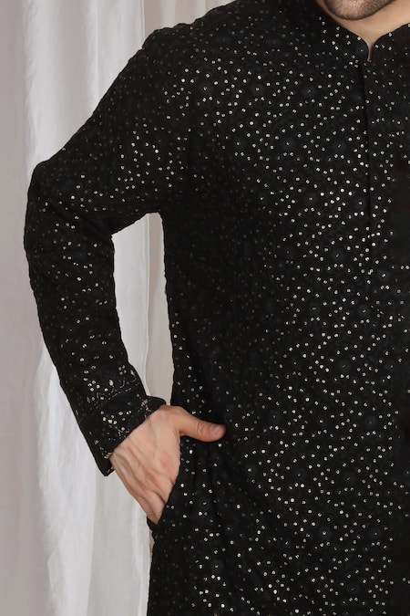 Shop_Aham-Vayam_Black Cotton Sequins Mehfil Embroidered Kurta 