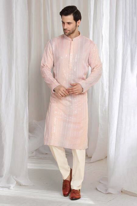 Aham-Vayam_Coral Cotton Embroidery Ombre Kurta With Dupatta _Online_at_Aza_Fashions