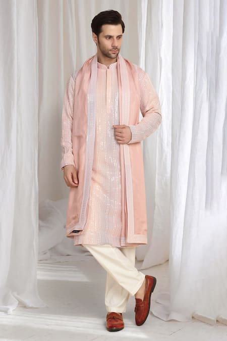 Buy_Aham-Vayam_Coral Cotton Embroidery Ombre Kurta With Dupatta _Online_at_Aza_Fashions