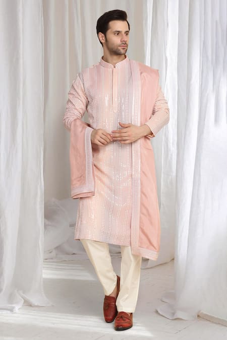 Shop_Aham-Vayam_Coral Cotton Embroidery Ombre Kurta With Dupatta _Online_at_Aza_Fashions