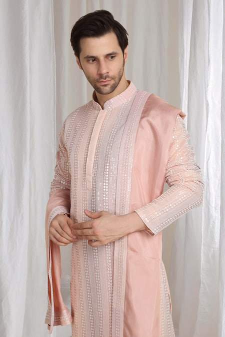 Aham-Vayam_Coral Cotton Embroidery Ombre Kurta With Dupatta _at_Aza_Fashions