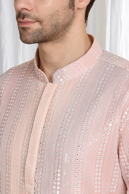 Shop_Aham-Vayam_Coral Cotton Embroidery Ombre Kurta With Dupatta 