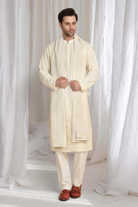Aham-Vayam Cream Cotton Embroidery Thread Kurta And Dupatta Set Online at Aza Fashions Aham-Vayam_Cream Cotton Embroidery Thread Kurta And Dupatta Set _Online_at_Aza_Fashions