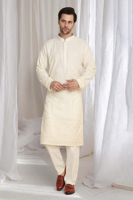 Buy Aham-Vayam Cream Cotton Embroidery Thread Kurta And Dupatta Set Buy_Aham-Vayam_Cream Cotton Embroidery Thread Kurta And Dupatta Set